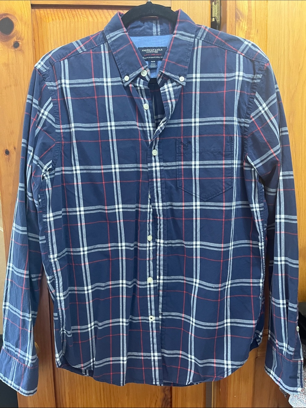 American Eagle Outfitters Navy, White & Red Plaid Button-Up Shirt